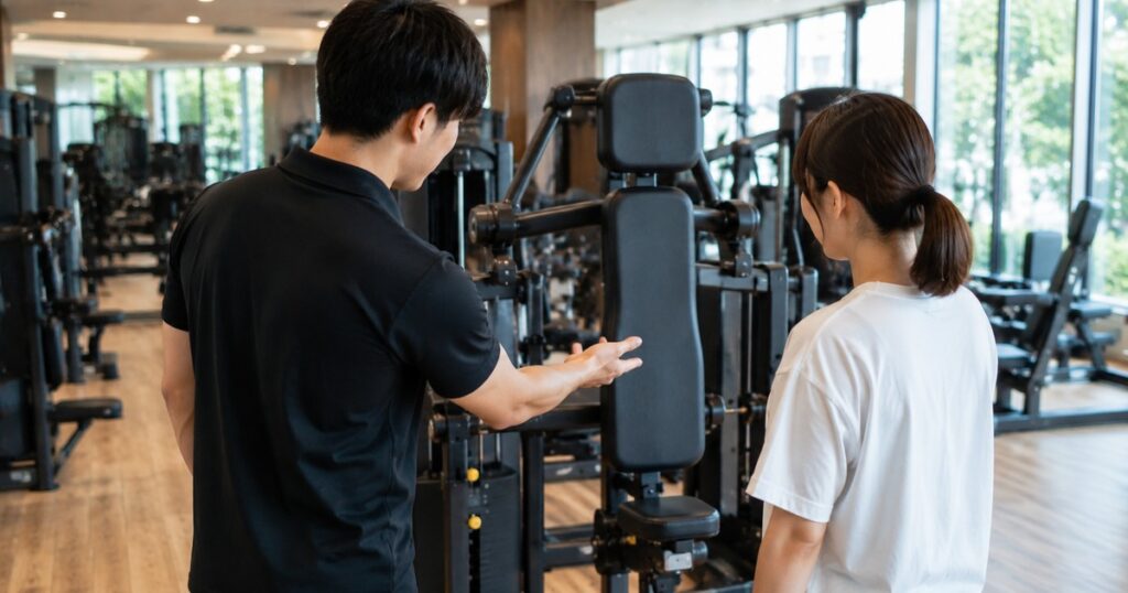マシンの使い方をスタッフが説明している様子