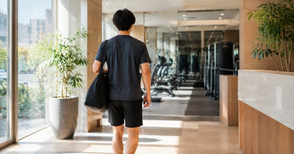 フィットネスジムの入口へ向かう男性｜手ぶらで通える