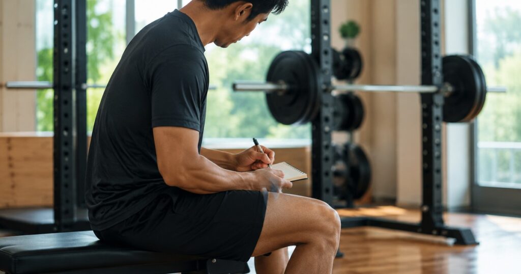 トレーニングノートに記録を書き込む男性