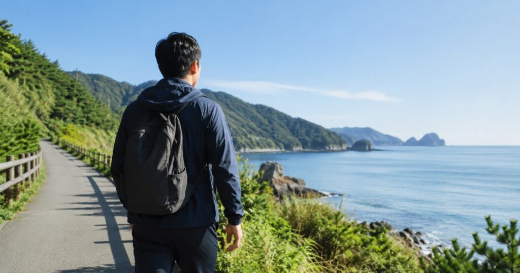 休日に海沿いを歩く男性｜筋トレで体力がつくと行動範囲が広がる