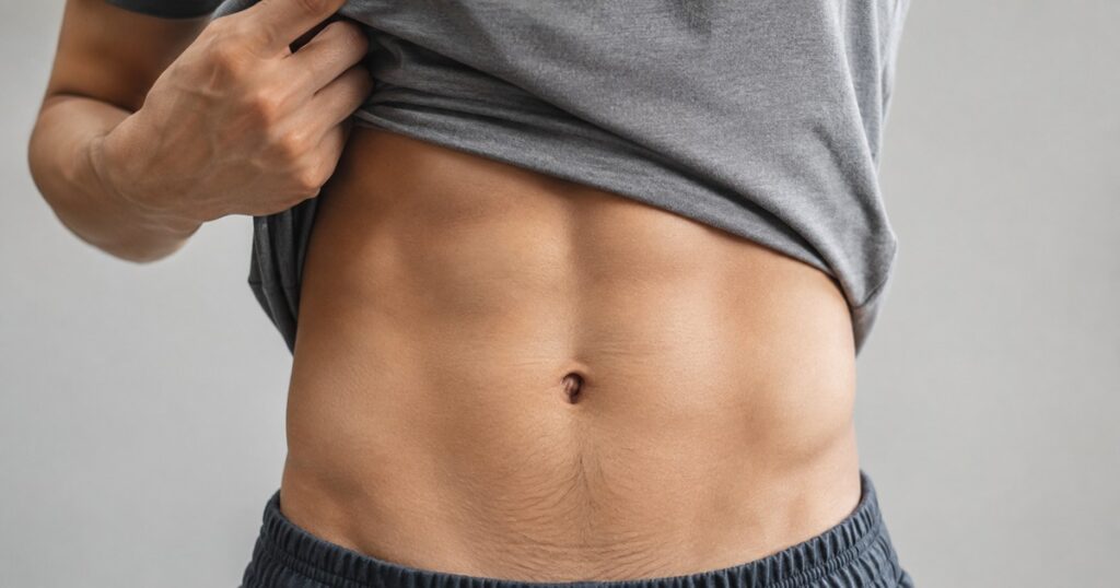 腹筋の縦線がうっすら見える細マッチョの体｜体脂肪率12〜15%が目安