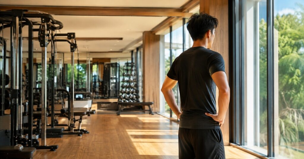 トレーニングを終えて窓の外を見る男性