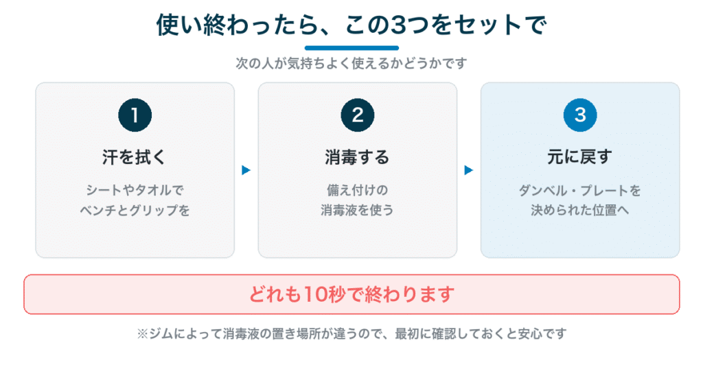 使い終わったら3セット｜汗を拭く・消毒する・元に戻す