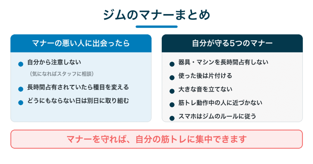 ジムのマナーまとめ｜悪い人に出会ったときの対応と、自分が守る5つのマナー