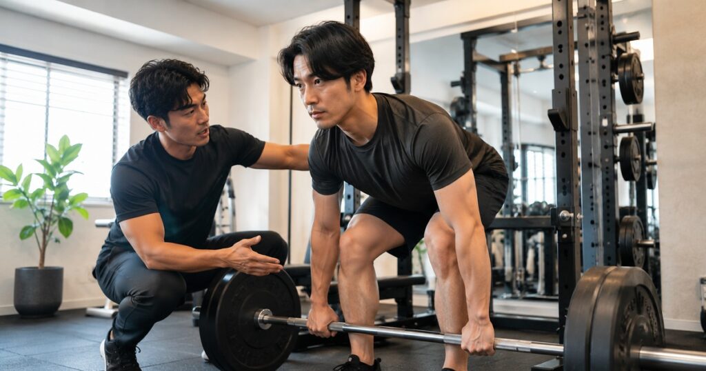 トレーナーにデッドリフトのフォームを見てもらっている様子