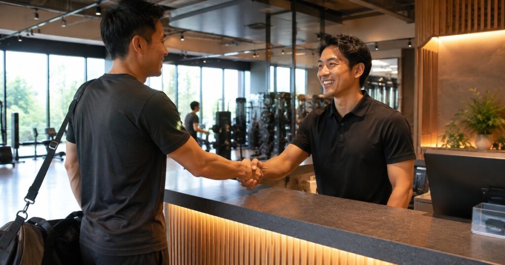ジムの受付で入会手続きをする男性｜見学のあとに納得して入会する