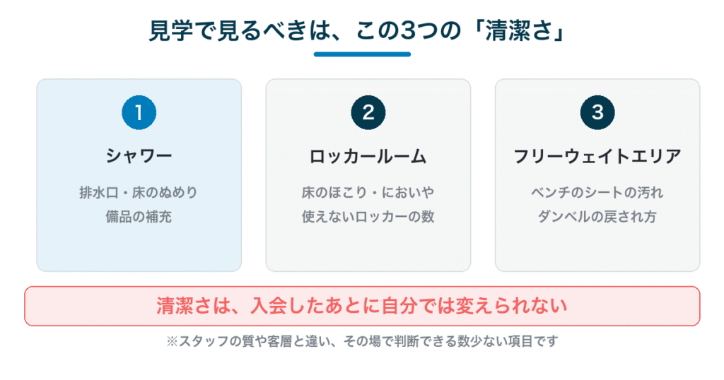 見学で見るべき3つの清潔さ｜シャワー・ロッカールーム・フリーウェイトエリア