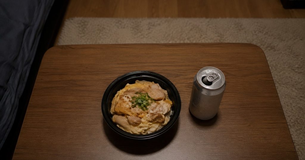 一人暮らしの夕食。コンビニの丼と缶飲料だけの食卓