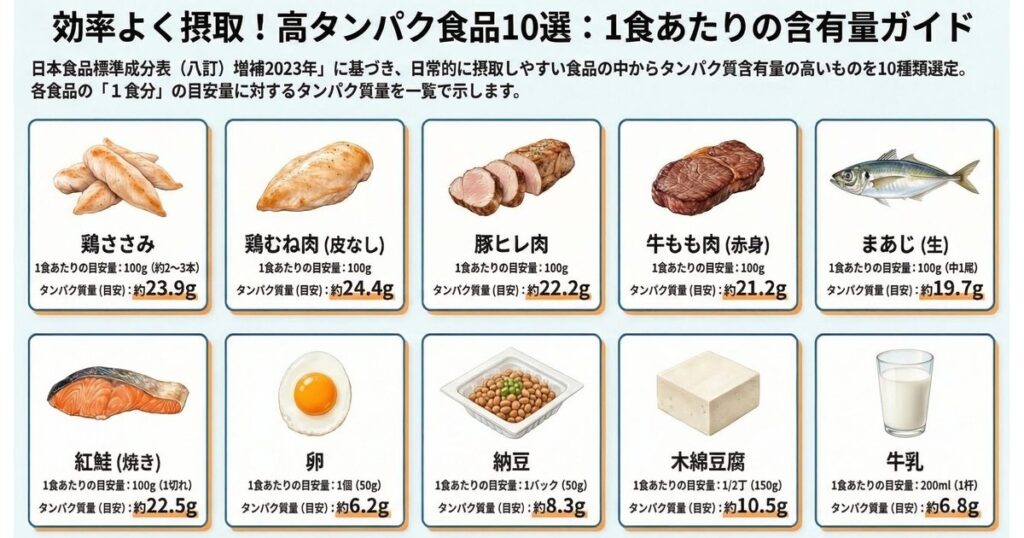 高タンパク食品10選と1食あたりの含有量。鶏むね肉24.4g、鶏ささみ23.9g、紅鮭22.5g、卵6.2g、納豆8.3gなど