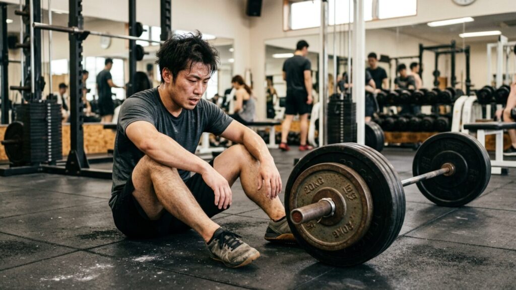 ジムで挫折して落ち込む初心者のイメージ