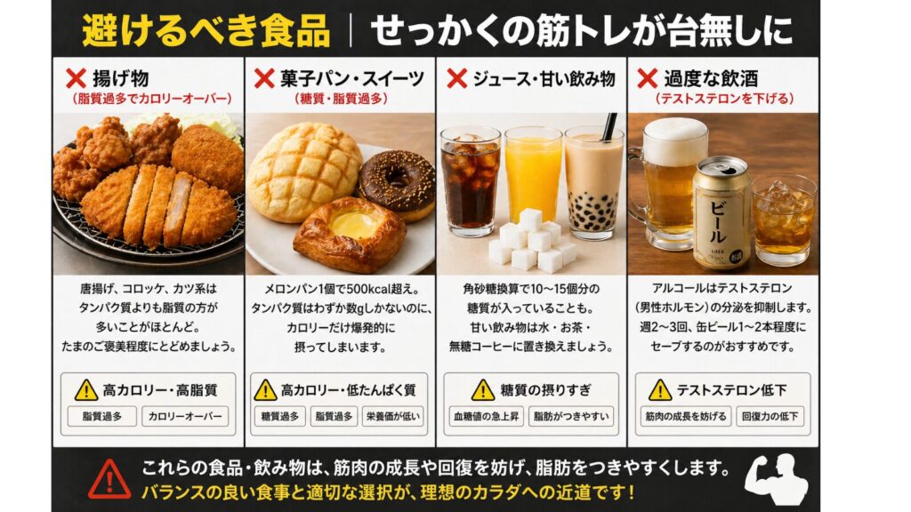 筋トレ効果を下げる避けるべき食品の比較画像。揚げ物、菓子パン・スイーツ、甘いジュース、過度な飲酒が筋肉成長や減量を妨げる例を紹介したインフォグラフィック