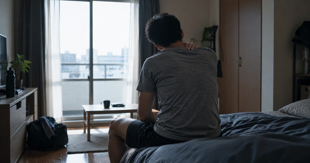 トレーニングの翌朝に肩を押さえる男性|初日から追い込むと数日休むことになる