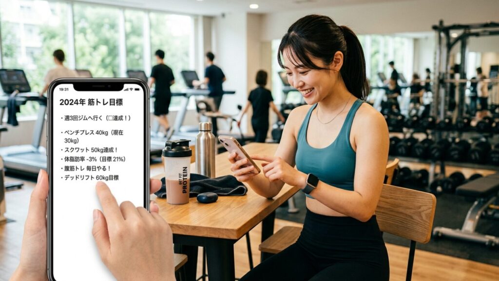 スマートフォンに筋トレの目標を書き込んでいるシーン