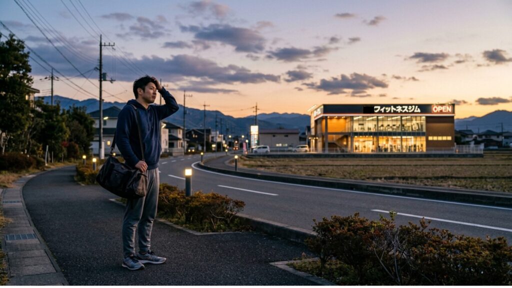 遠くのジムを前に途方に暮れる男性のイメージ