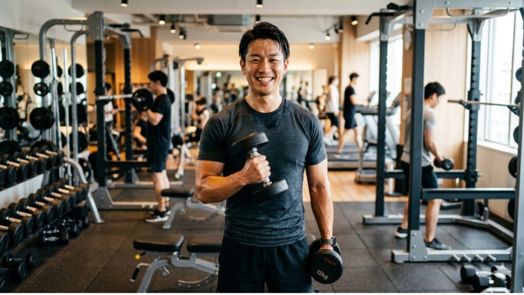 通いやすいジムで笑顔でトレーニングを続ける男性