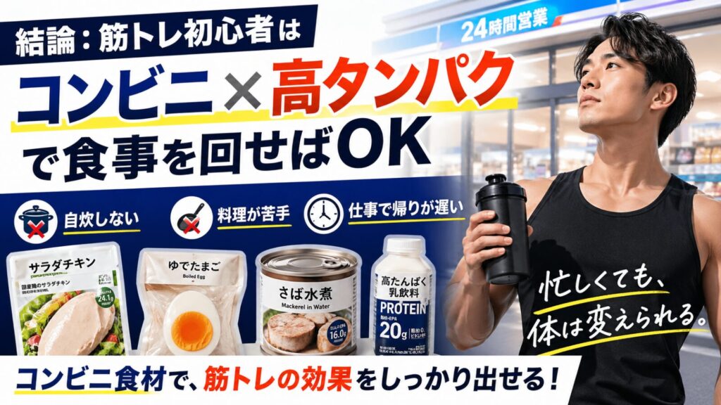 コンビニ前でプロテインを持つ男性と、サラダチキン・ゆで卵・サバ缶など高タンパク食品を紹介する、筋トレ初心者向けコンビニ食事術のアイキャッチ画像