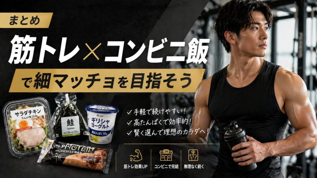 筋トレとコンビニ飯で細マッチョを目指すアイキャッチ画像。