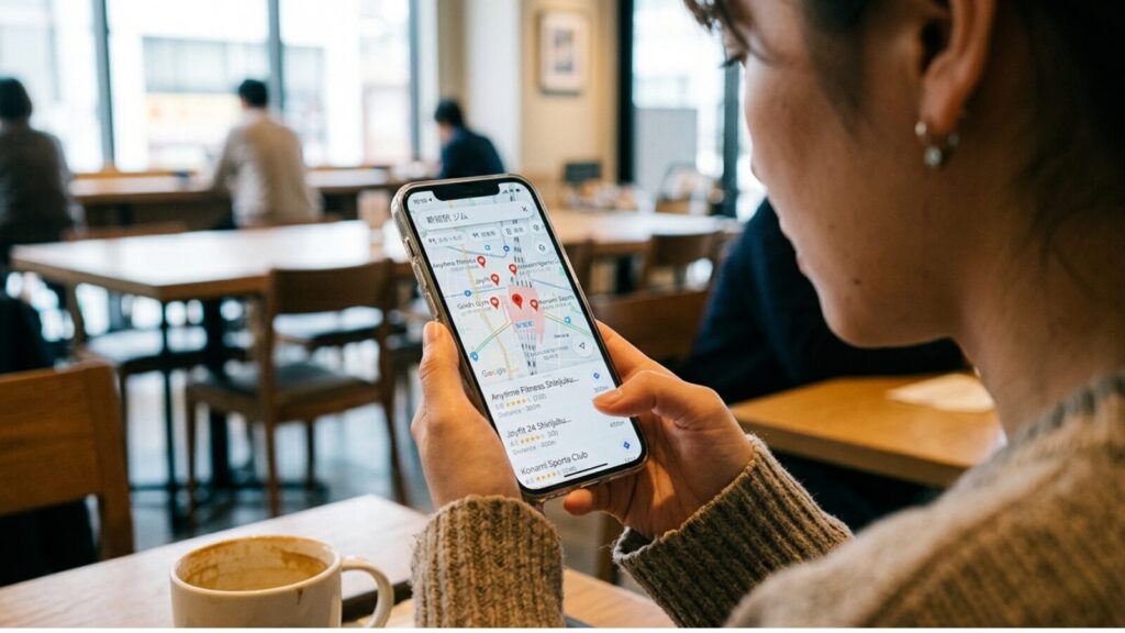 スマホで「最寄り駅名 ジム」と検索しているシーン