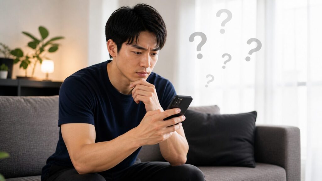 パーソナルトレーニングに関するよくある質問|疑問を持つ独身男性のイメージ