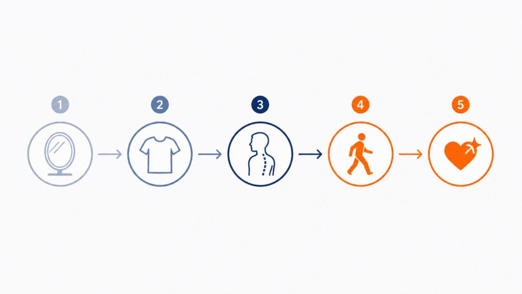 筋トレで起きる5つの変化｜自己肯定感→服→姿勢→行動→反応の連鎖図解