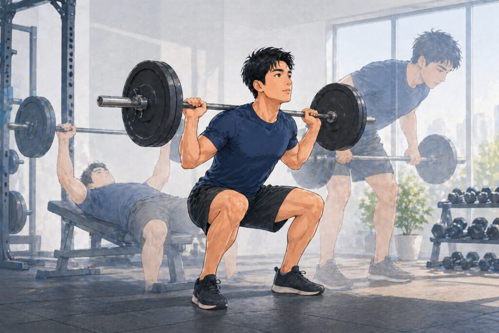週2回×全身法で鍛えるイメージ|1回のトレーニングで胸・背中・脚をまとめて鍛える