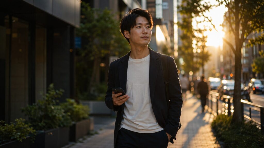 筋トレで行動力が高まる独身男性のイメージ|街を堂々と歩く様子