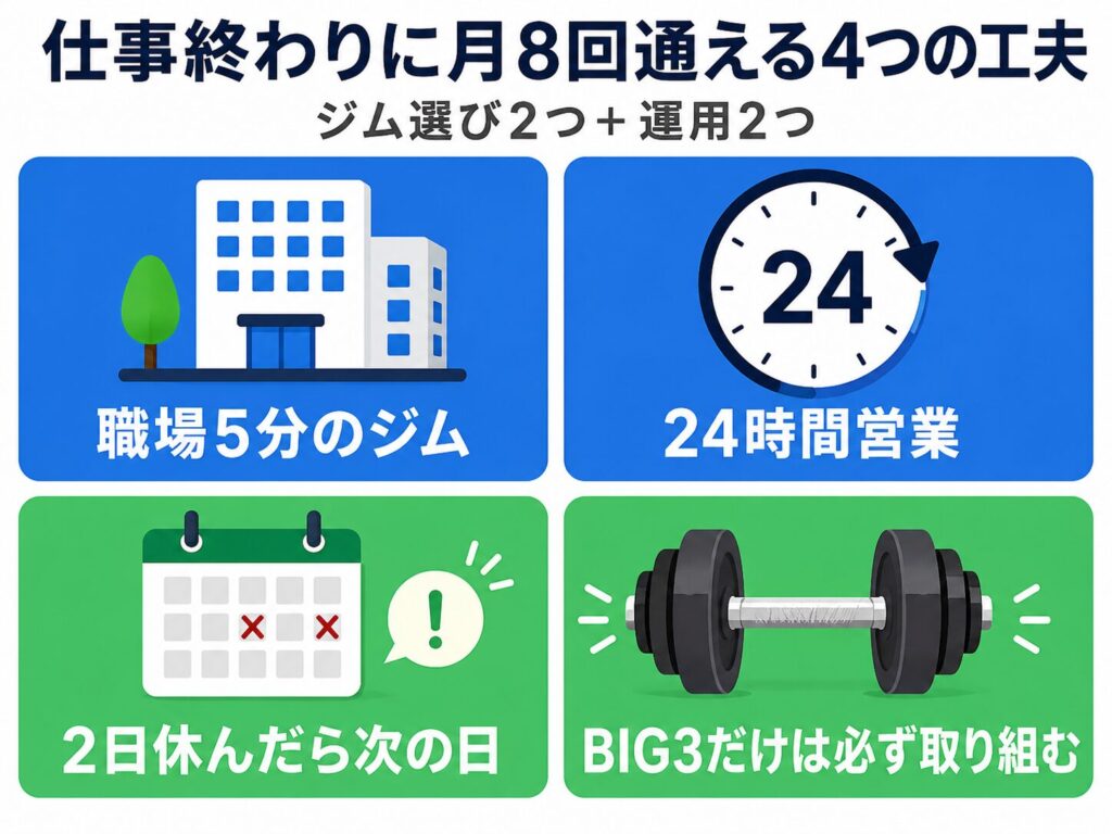 仕事終わりにジムを続ける4つの工夫|ジム選び2つ+運用2つ