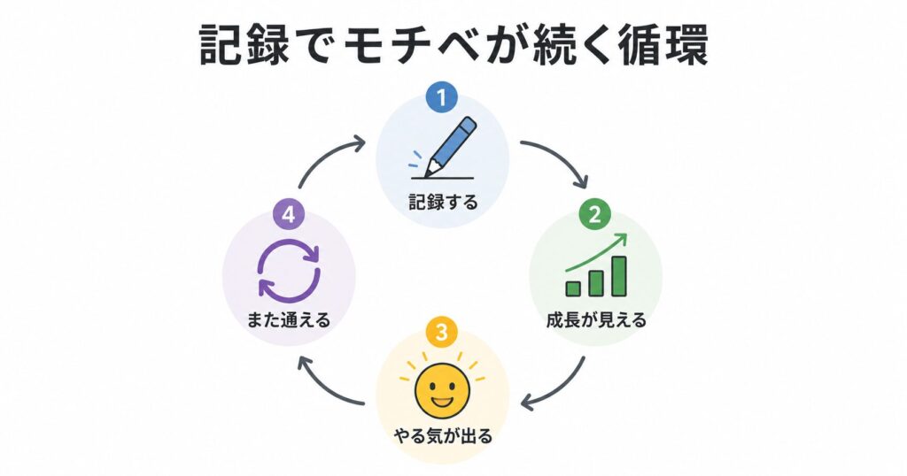 記録するとモチベが続く循環|記録→成長が見える→やる気が出る→また記録