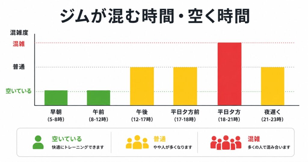 ジムの時間帯別の混雑イメージ|早朝〜午前は空き・平日夕方は混雑