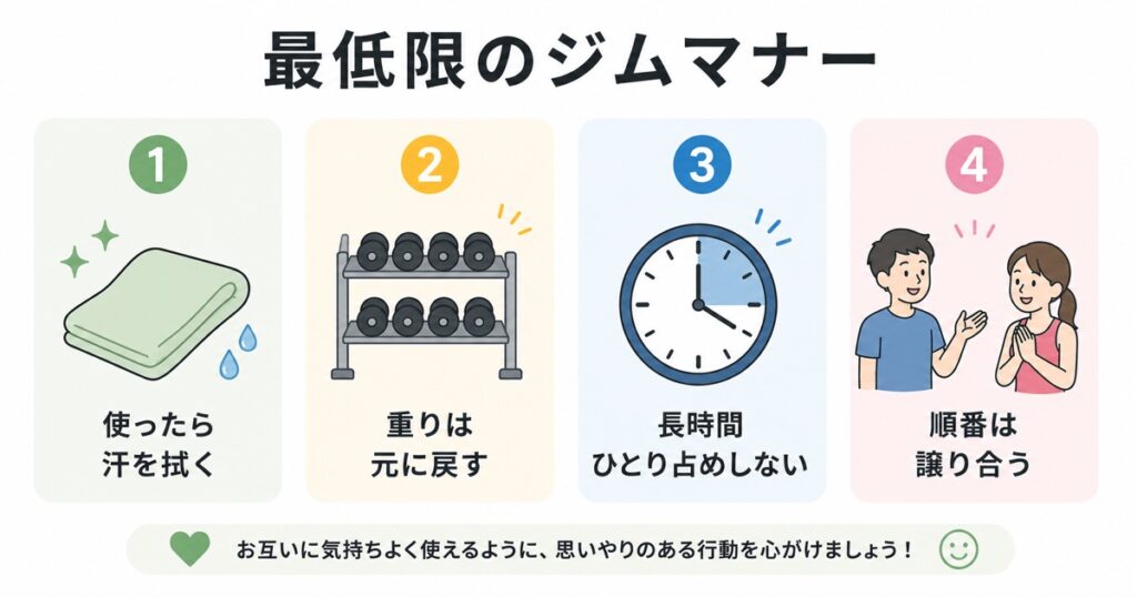 トレーニング中の最低限のマナー|汗を拭く・重りを戻す・占有しない・譲り合う