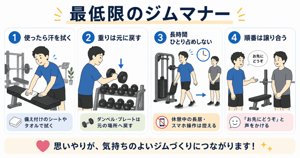 最低限のジムマナー|汗を拭く・重りを戻す・占有しない・譲り合う