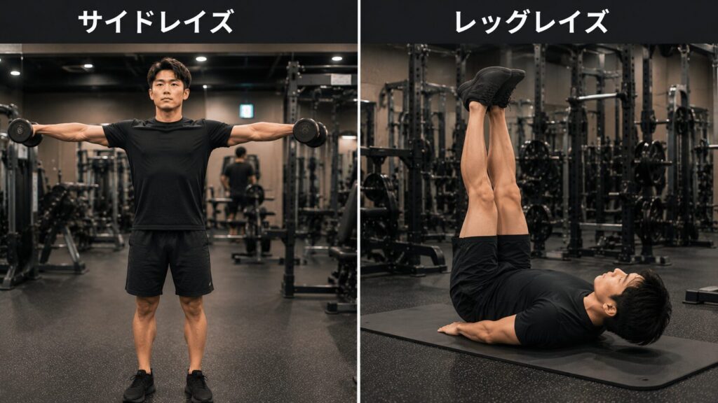 サイドレイズとレッグレイズの正しいフォームの比較イメージ|肩と腹筋を鍛える+α種目