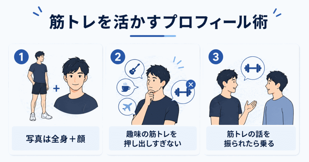 筋トレを活かすプロフィール術3つ|写真は全身と顔・筋トレは押し出しすぎない・振られたら乗る
