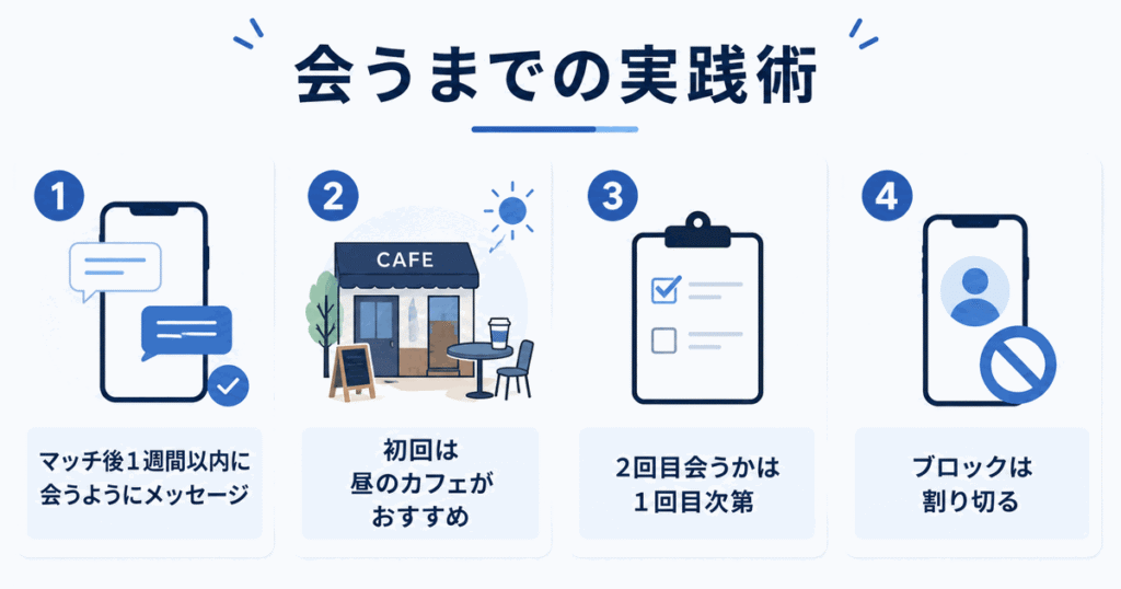 マッチしてから会うまでの実践術|1週間以内に会う・昼カフェランチ・初回で見極める