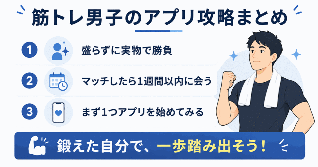 筋トレ男子のアプリ攻略まとめ|盛らずに正直に・1週間以内に会う・まず1つ始める