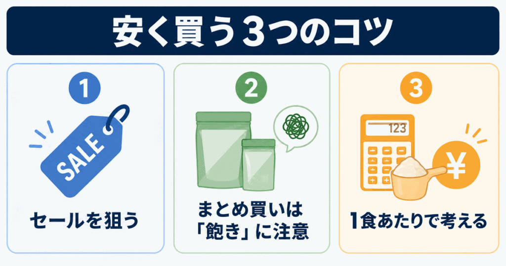 プロテインを安く買う3つのコツ|セールを狙う・まとめ買いは飽きに注意・1食単価で考える